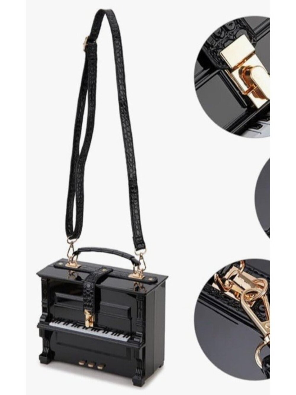 Piano Shaped Crossbody Shoulder Bag Black Acrylic Purse Top Handle New Music - Picture 6 of 7